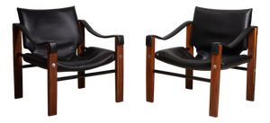 Vintage Leather and Wood Safari Armchairs by Maurice Burke for Arkana, Set of 2