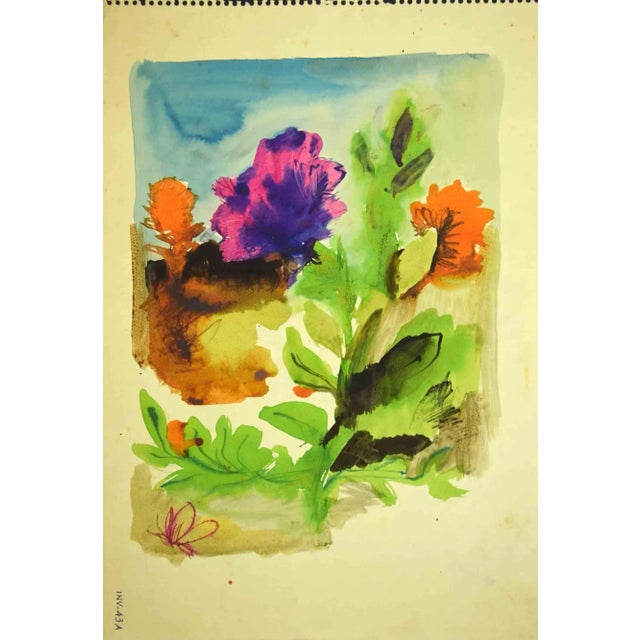 Plants and Flowers is an original drawing in watercolor realized by Leo Guida in the 1970s. Good condition except for some...