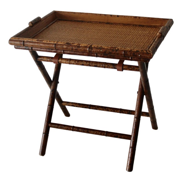 1990s Ralph Lauren Style Faux "Tortoise" Bamboo Cane Foldable Butler Serving Tray Side Table Vintage Mid-Century For Sale