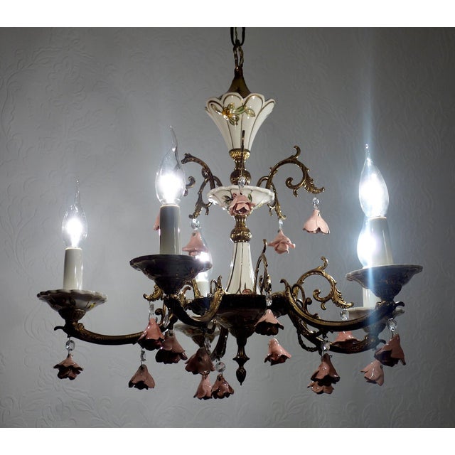 Brass and Porcelain 5-Light Chandelier by Peris Andreu, 1940s For Sale - Image 13 of 16