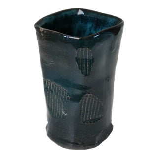 Handbuilt Organic Sculptural Pinched Square Rim Ceramic Vase in Dark Teal Glaze With Ribbed Relief Pattern For Sale