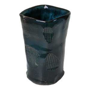 Handbuilt Organic Sculptural Pinched Square Rim Ceramic Vase in Dark Teal Glaze With Ribbed Relief Pattern