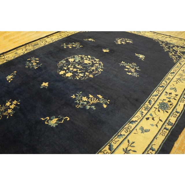 1920s Gorgeous Navy Background Color and Beige Border With Floral-Medallion Design Antique Chinese Peking Rug For Sale - Image 5 of 9
