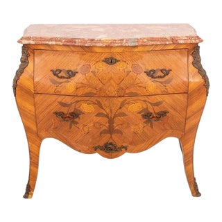 Louis XV Style Marble Top Marquetry Bombe Chest For Sale