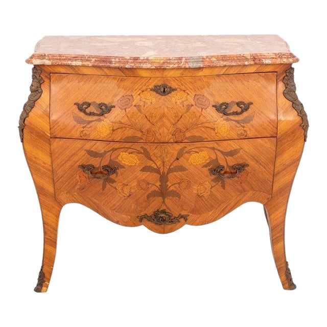Louis XV Style Marble Top Marquetry Bombe Chest For Sale
