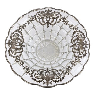 Mid-Century Silver Overlay Pressed Glass Centerpiece Bowl With Scalloped Rim For Sale