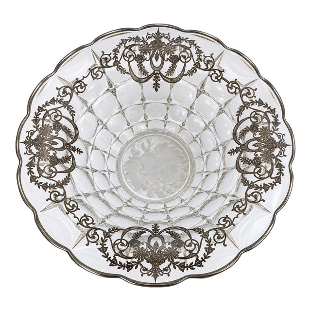 Mid-Century Silver Overlay Pressed Glass Centerpiece Bowl With Scalloped Rim For Sale