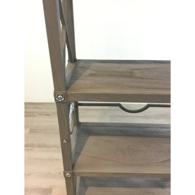 Original Retail $3600, stylish Ambella Home Modern Gray Wood Spindle= Etagere, polished nickel accents, showroom floor sample