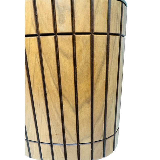 Wood Vintage MCM Gruvwood Walnut Slat Trash Can | Mid Century Modern Wastebasket National Products Louisville Ky | 1964 World's Fair House of Good Taste For Sale - Image 7 of 10