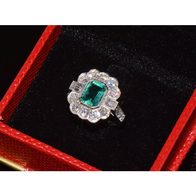 Gia Certified 2.53ct Natural Zambian Emerald & Diamond Halo Milgrain 18k White Gold Ring, Size 5 For Sale - Image 13 of 16