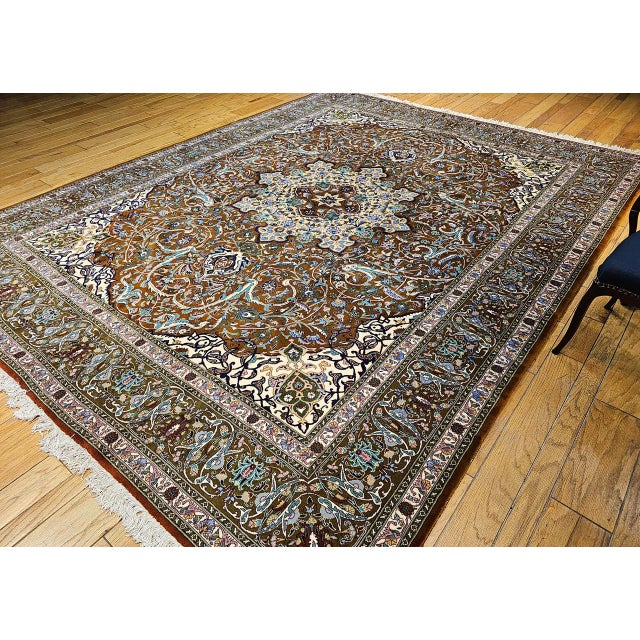 Persian Vintage Persian Tabriz Rug, Hand-Knotted Wool, Mythical Firebird Motif, Brown & Ivory, 10x13 For Sale - Image 3 of 15