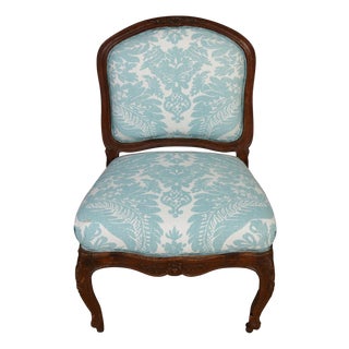 Custom Venise Upholstered French Slipper Chair With Carved Wood Frame For Sale