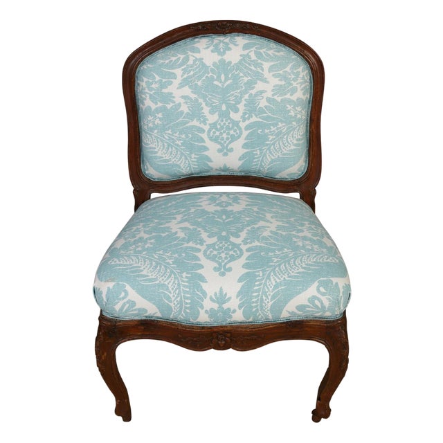 Custom Venise Upholstered French Slipper Chair With Carved Wood Frame For Sale