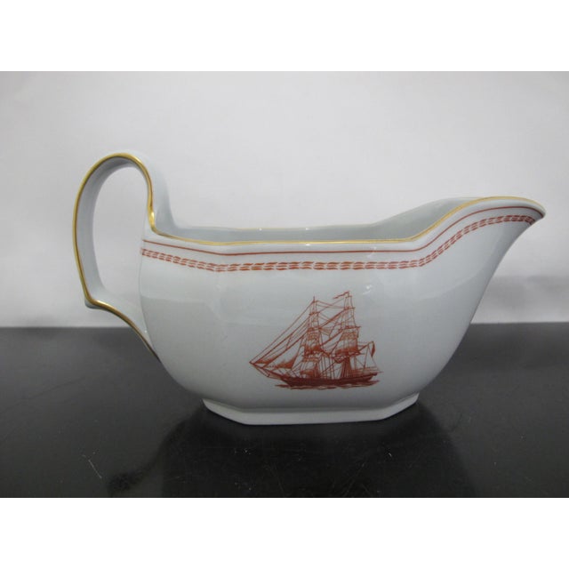 Red Spode Copeland Red Gold Trim Ships Trade Winds Sauce Gravy Boat W/Underplate For Sale - Image 8 of 14