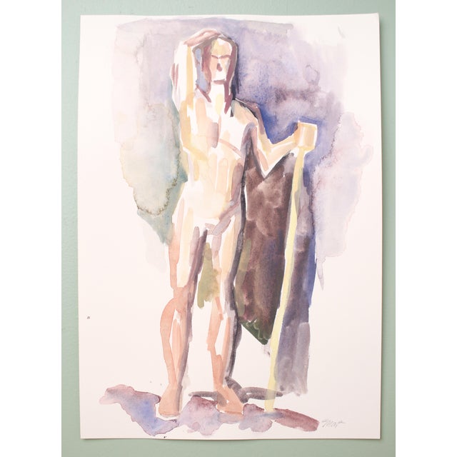 Original, signed figure painting of a standing male nude with a walking stick. This nude figurative painting was created...