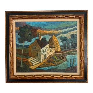 Midcentury Italian Modernist Landscape Oil Painting For Sale