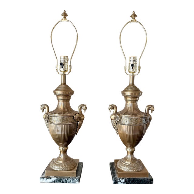 1980s Frederick Cooper Brass Swan Motif Table Lamps, Neoclassical Style (No Shades) - a Pair For Sale