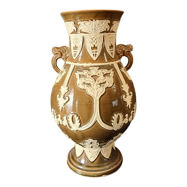 Neoclassical Style Vase Large Vintage Brown/White Glaze 19" Tall For Sale