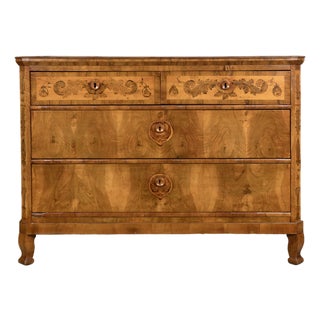 Louis XVI Style Lombard Chest of Drawers in Walnut Burl with Inlaid Floral Motifs, 18th Century For Sale