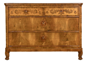 Louis XVI Style Lombard Chest of Drawers in Walnut Burl with Inlaid Floral Motifs, 18th Century