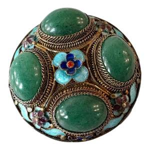 Vintage Chinese Brooch Features Enamel and Sterling Silver Filigree Work Set With Jade