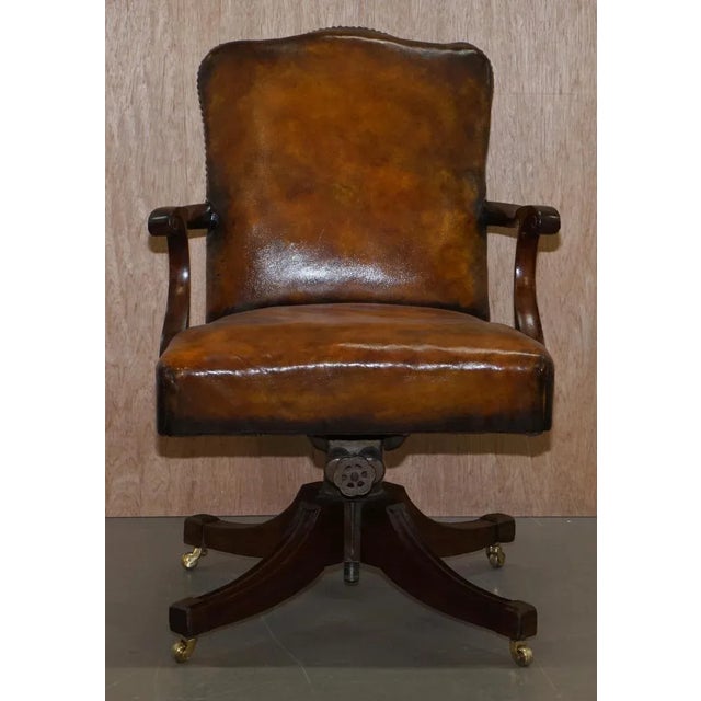 stunning original Victorian stamped Maple & Co fully restored mahogany framed Hillcrest base office chair with hand dyed...