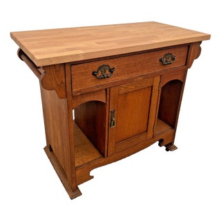 Antique Mission Oak Kitchen Island Cabinet Prep Station Chop Top Open Side Shelf For Sale