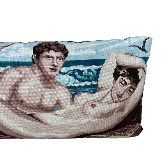 Extra large 1960s vintage needlepoint, made in France by Creations Margot de Paris. A naked couple lying on the beach,...