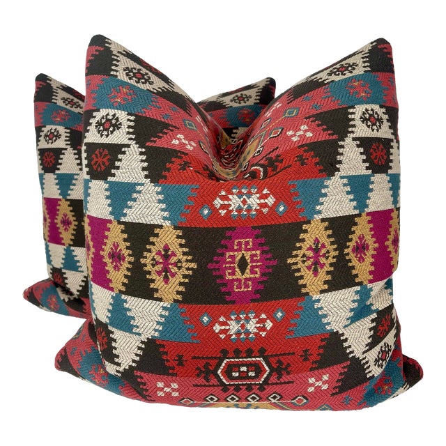 Woven Ikat in Multi 22" Pillows-A Pair For Sale