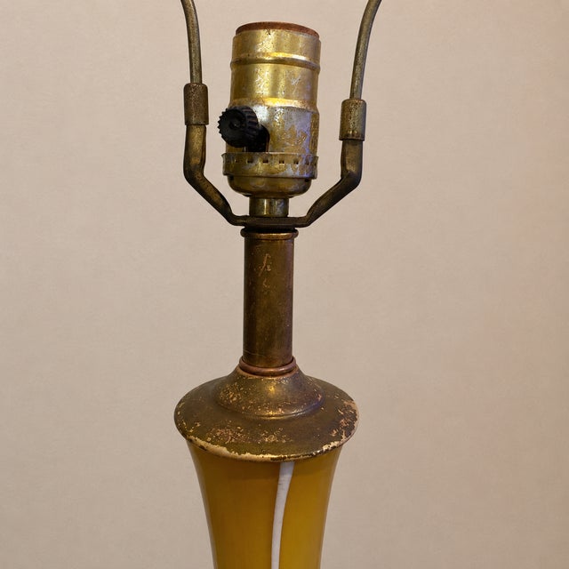 Vintage Mid-Century Murano Style Handblown Amber & White Art Glass Table Lamp With Brass Base For Sale - Image 11 of 13