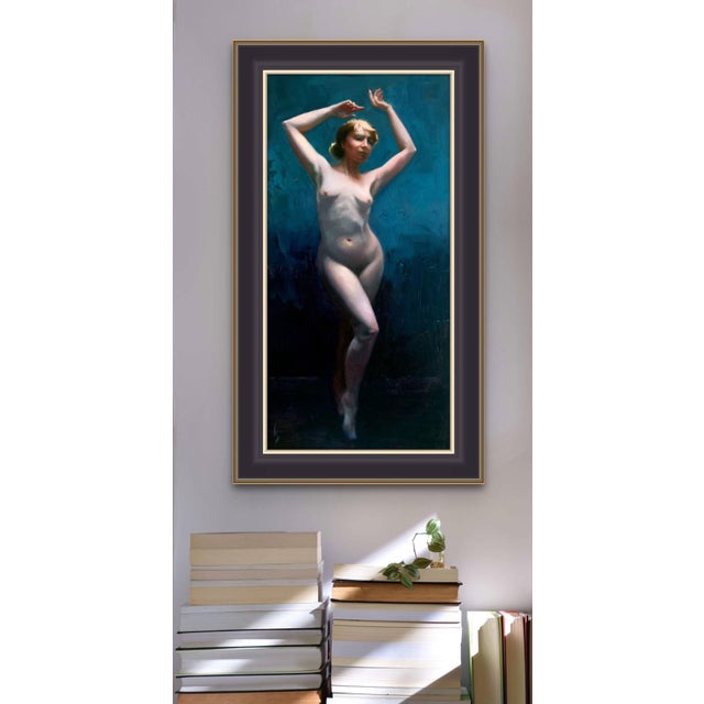This oil on panel artwork features a graceful figure posed against a deep, atmospheric background, with soft light...