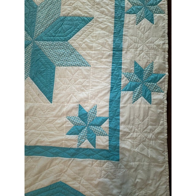 Mid 20th Century Vintage Handmade Quilted Turquoise and White Lone Star Quilt For Sale - Image 5 of 15