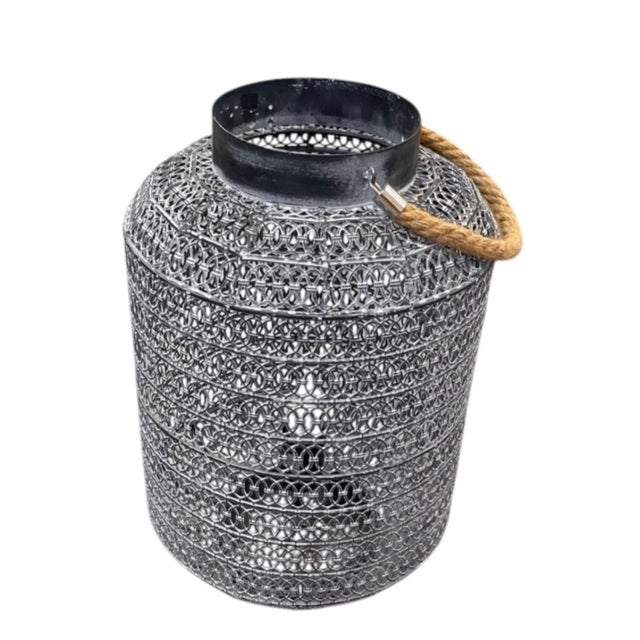 2000 - 2009 Vintage Industrial Mesh Lantern Table Lamp With Jute Rope Handle For Sale - Image 5 of 12