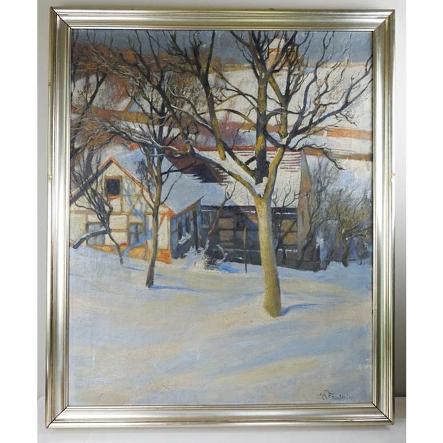 White Antique 1902 Continental School Winter Snow Scene Painting For Sale - Image 8 of 8