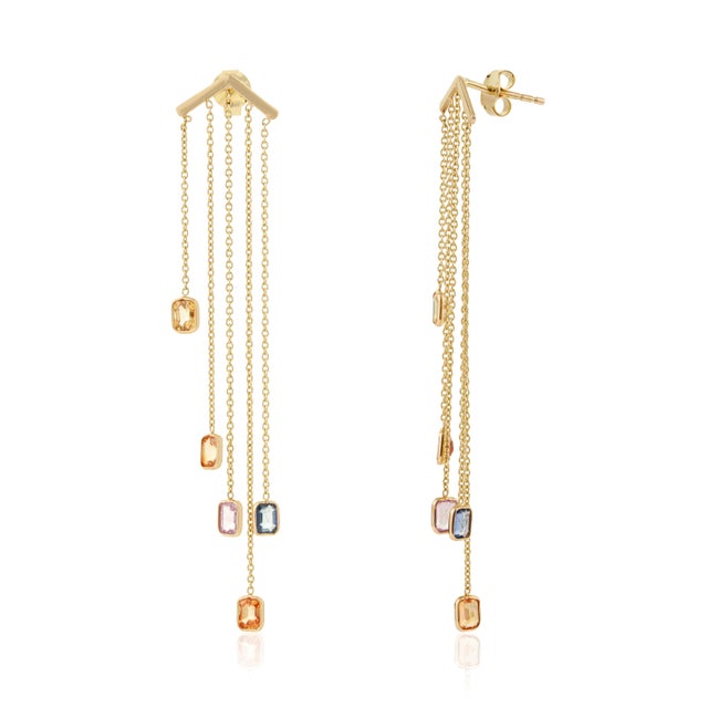 Metal Contemporary 2.43ct Multi Sapphire Long Chain Drop Earrings in 14k Yellow Gold- A Pair For Sale - Image 7 of 12