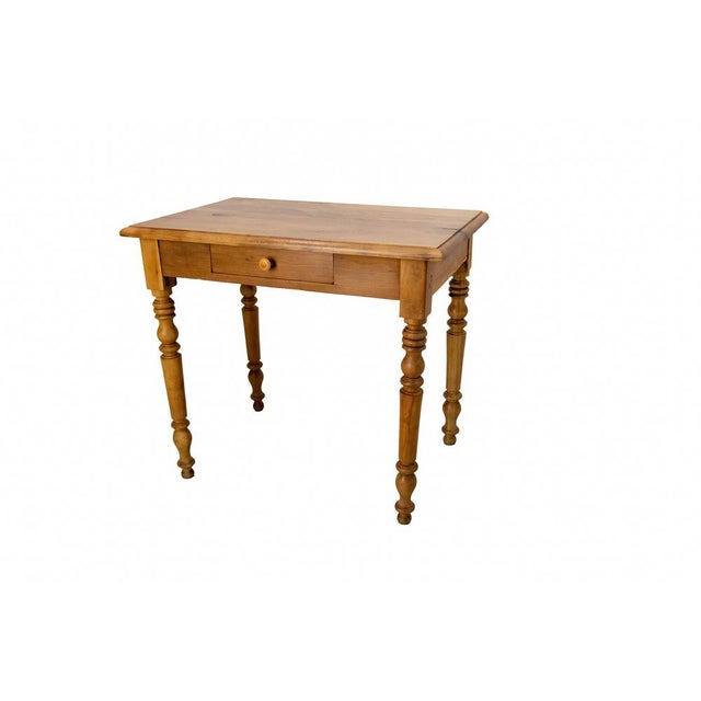 French antique elm side or writing table, circa 1900. Turned legs, one drawer. Good antique condition.