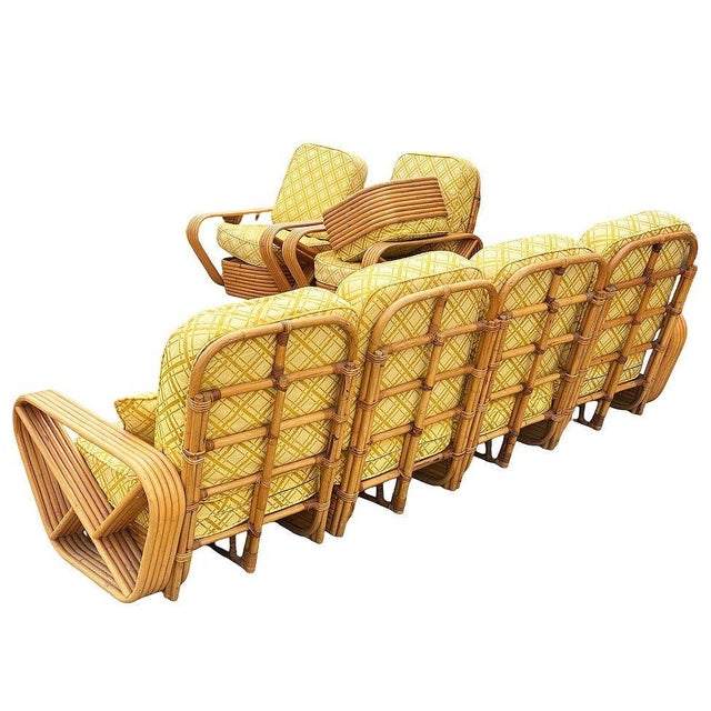 Wood 1950s Restored Mid-Century 5-Strand Square Pretzel Rattan Chair & Sofa Livingroom Set For Sale - Image 7 of 11