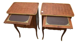 Pair French Side Tables, Marquetry Surface, Top, Sides, Drawer & Door Fronts