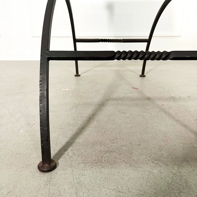 Black Brutalist Curule-Form Iron and Faux Ostrich Scroll Arm Bench after Giacometti For Sale - Image 8 of 9