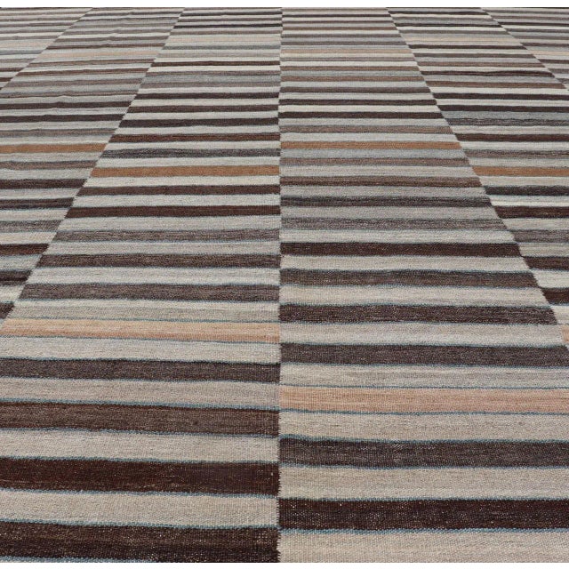 Modern Modern Flat-Weave Kilim Rug in Multi-Panel Striped Design in Earthy Tones For Sale - Image 3 of 13
