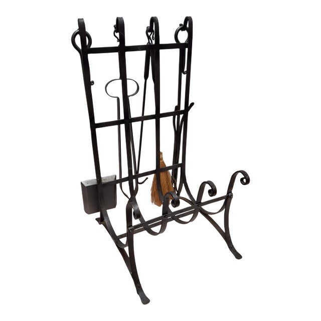 20th Century Forged and Hammered Iron Fireplace Lock Holder Stand With Tools Set For Sale
