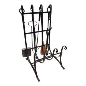 20th Century Forged and Hammered Iron Fireplace Lock Holder Stand With Tools Set