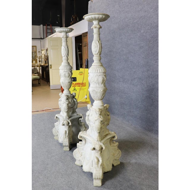20th C Pair White Marble Figural Carved Pedestals Plantstands For Sale - Image 13 of 13