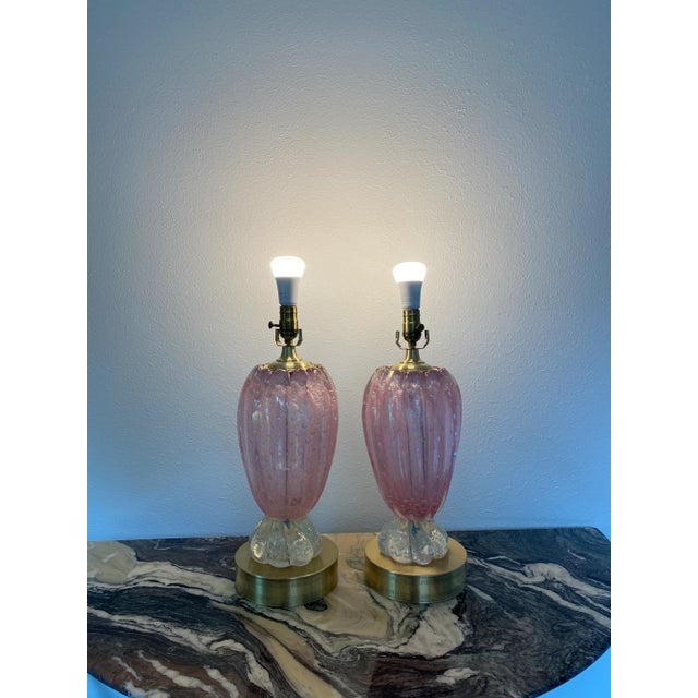 Brass Vintage 1950s Venetian Glass Murano Ballerina Lamps in Pink With Brass Accents - a Pair For Sale - Image 8 of 13