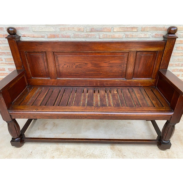 Antique Spanish Oak Bench With Paneled Back and Turned Legs For Sale - Image 9 of 14