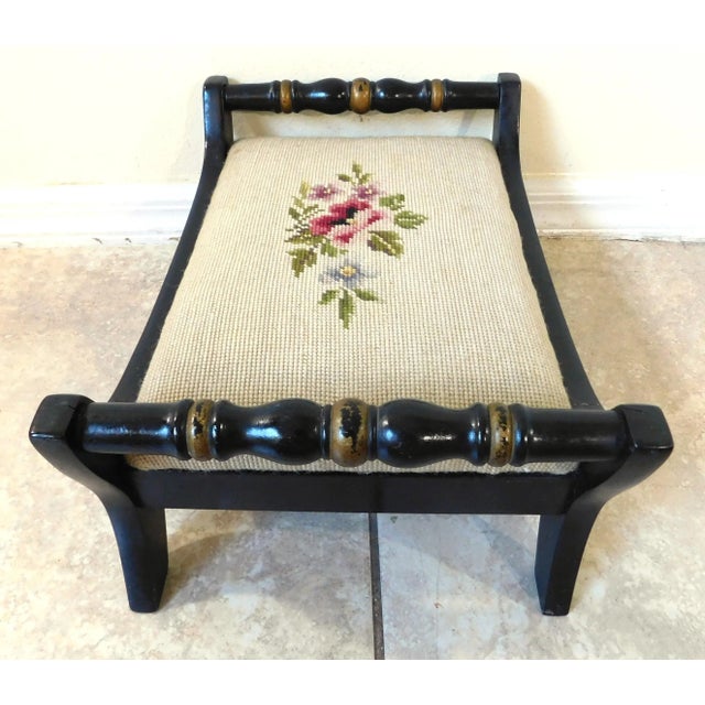 Vintage Mid-Century Hitchcock Black & Gold Floral Needlepoint Footstool For Sale - Image 11 of 14