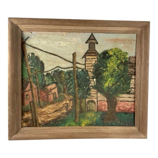 Mid-Century 1954 Expressionist Village Scene Painting by Ethel G. Baum – Vintage Wood Frame, Grumbacher Panel For Sale