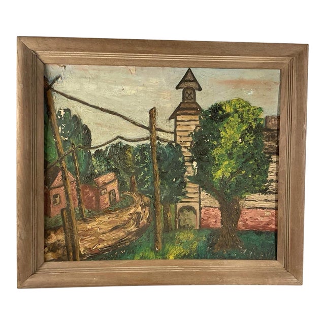 Mid-Century 1954 Expressionist Village Scene Painting by Ethel G. Baum – Vintage Wood Frame, Grumbacher Panel For Sale