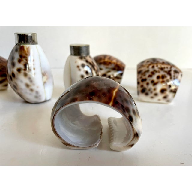 Late 20th Century Vintage Tiger Cowrie Shell Salt/Pepper and Napkin Rings Set For Sale - Image 5 of 11