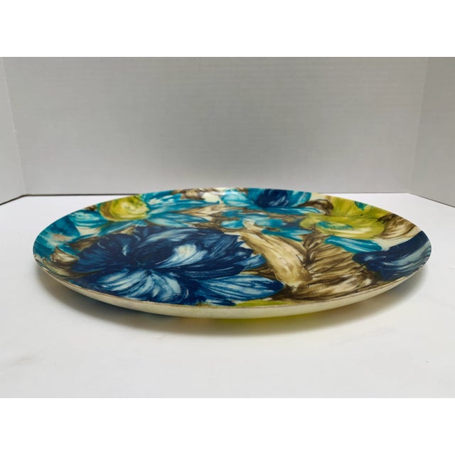 Fab colorful vintage 1960s-1970s flower motif round serving tray with bold blue flowers by Traymold CA.
